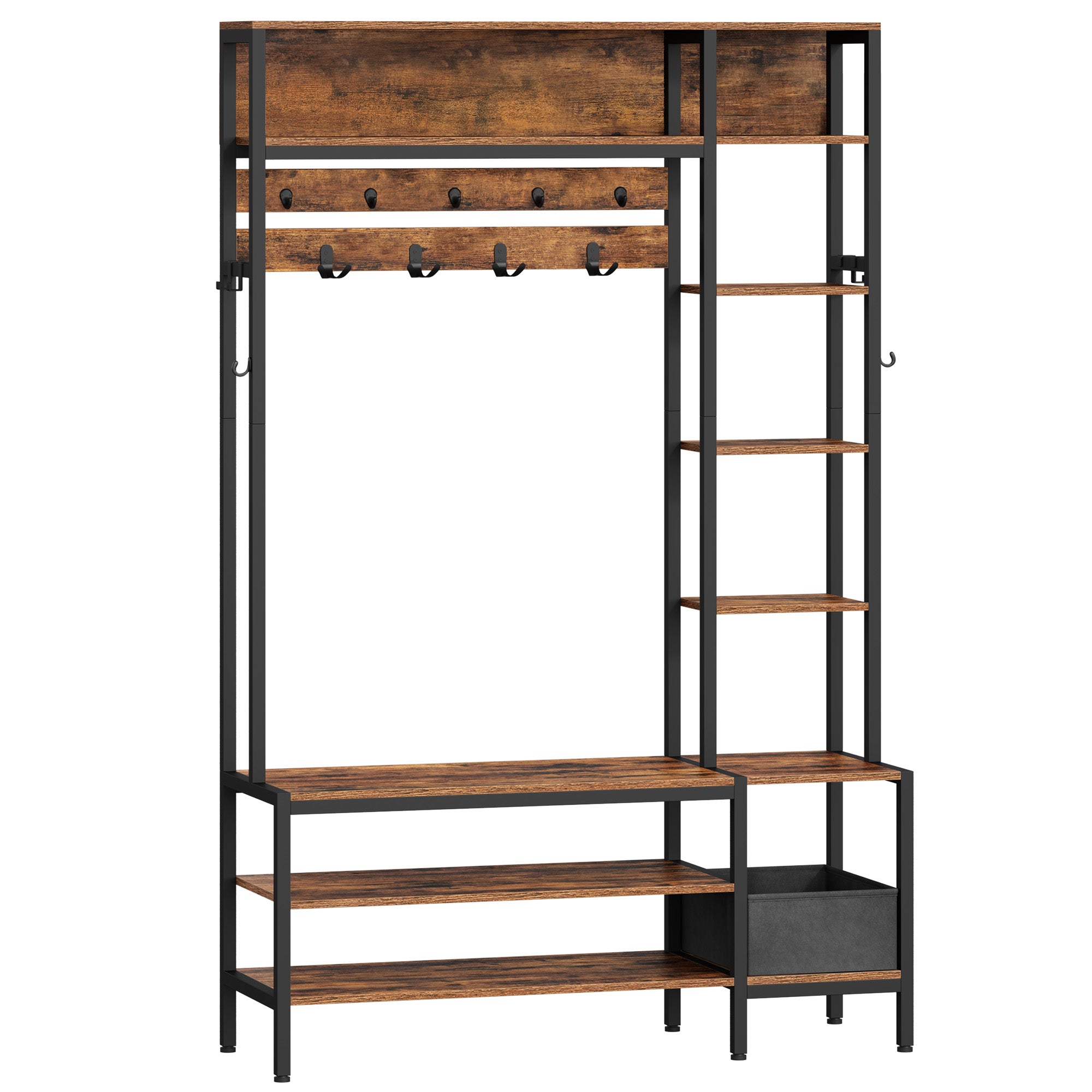 HEXCELEN Coat Stand with Shoe Bench, 1 Fabric Basket, Clothes Rack with 15 Hooks, 8 Open Shelves for Hallways and Living Room, 40 x 120 x 190.5 cm, Brown and Black 722101B