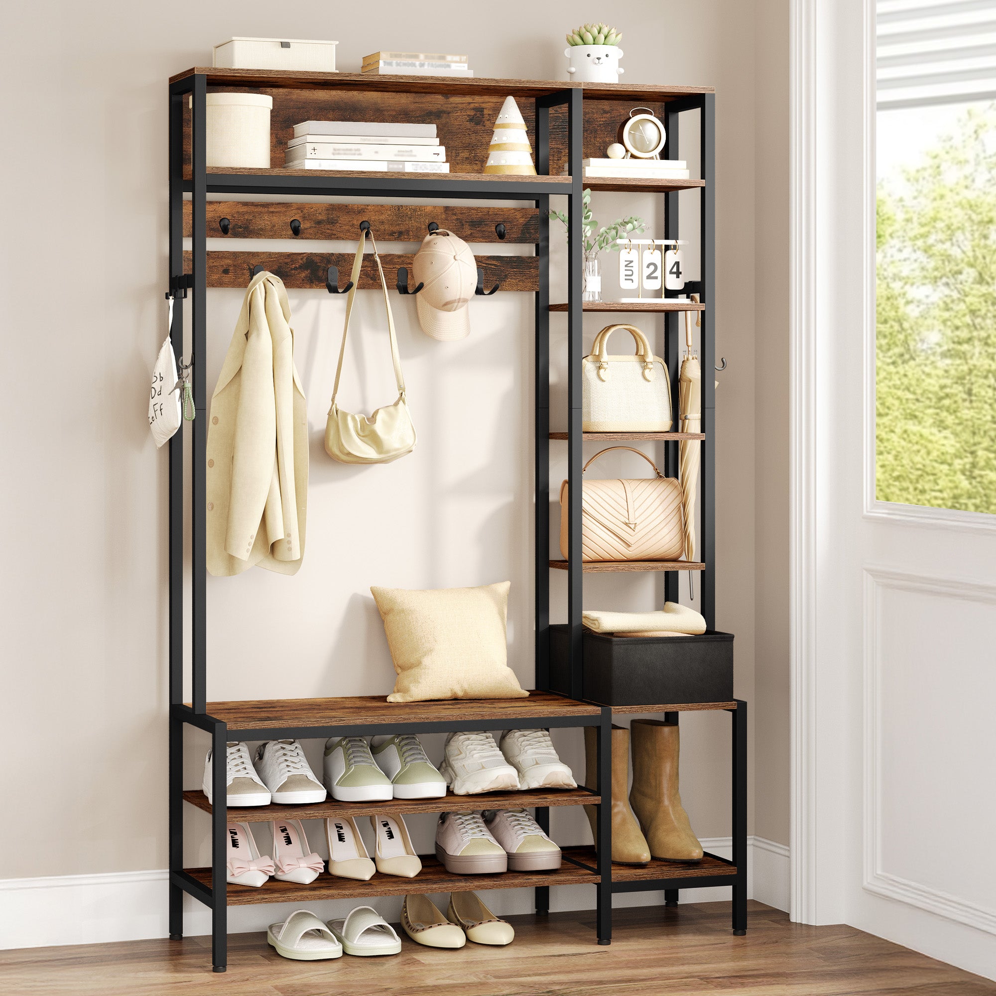 HEXCELEN Coat Stand with Shoe Bench, 1 Fabric Basket, Clothes Rack with 15 Hooks, 8 Open Shelves for Hallways and Living Room, 40 x 120 x 190.5 cm, Brown and Black 722101B