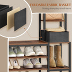 HEXCELEN Coat Stand with Shoe Bench, 1 Fabric Basket, Clothes Rack with 15 Hooks, 8 Open Shelves for Hallways and Living Room, 40 x 120 x 190.5 cm, Brown and Black 722101B