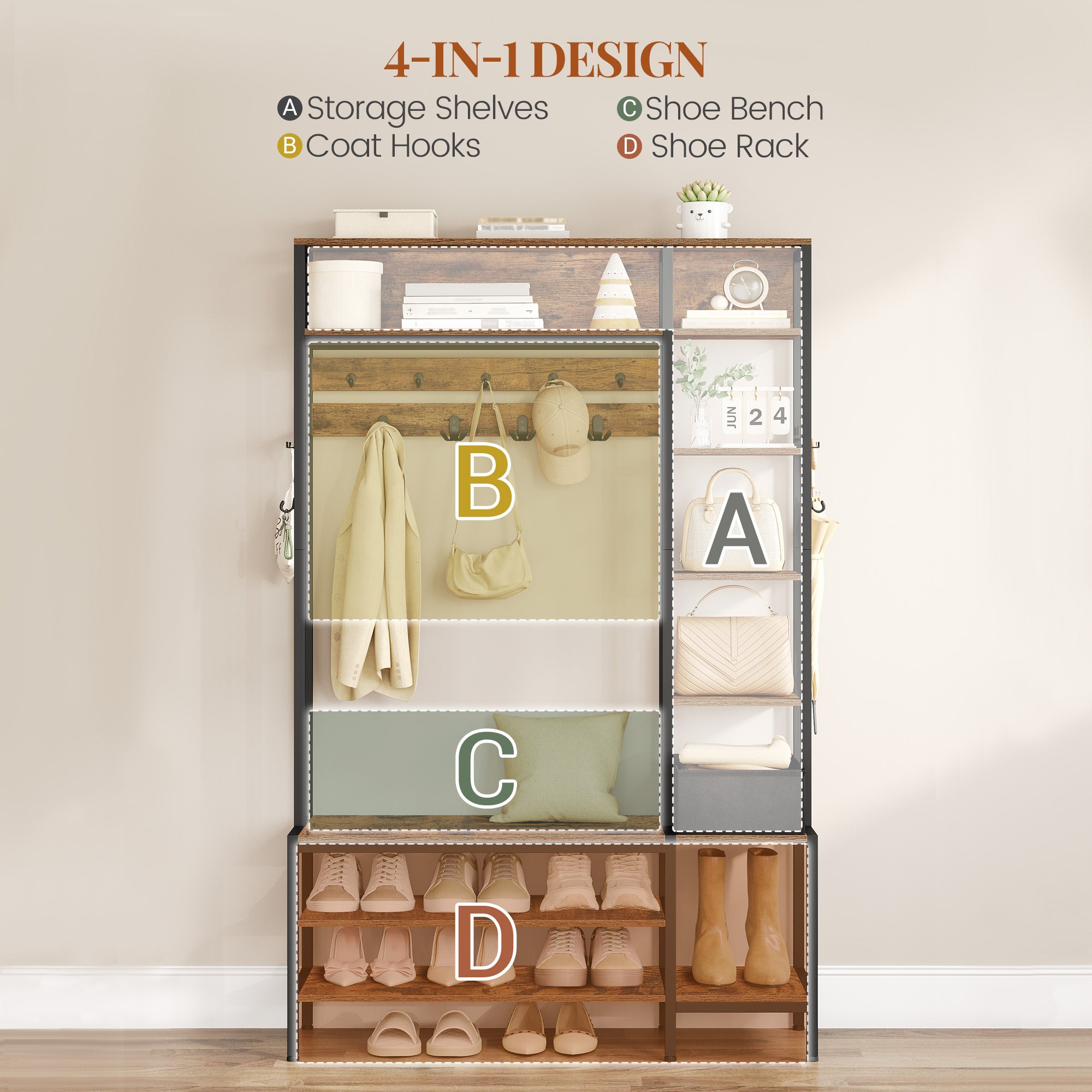 HEXCELEN Coat Stand with Shoe Bench, 1 Fabric Basket, Clothes Rack with 15 Hooks, 8 Open Shelves for Hallways and Living Room, 40 x 120 x 190.5 cm, Brown and Black 722101B