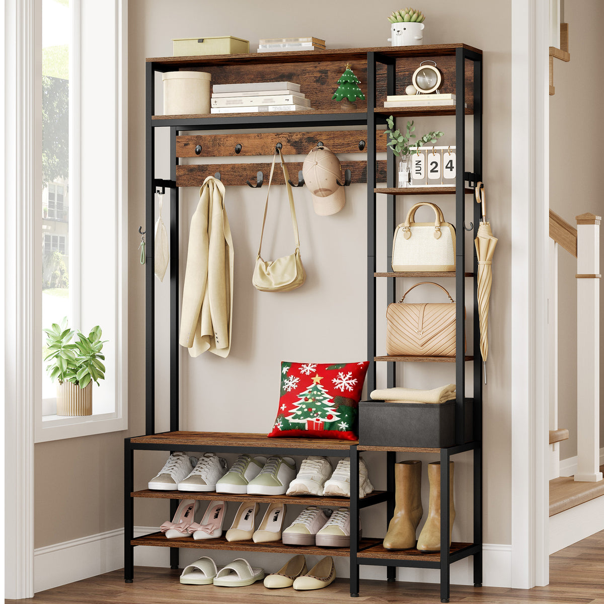 HEXCELEN Coat Stand with Shoe Bench, 1 Fabric Basket, Clothes Rack with 15 Hooks, 8 Open Shelves for Hallways and Living Room, 40 x 120 x 190.5 cm, Brown and Black 722101B