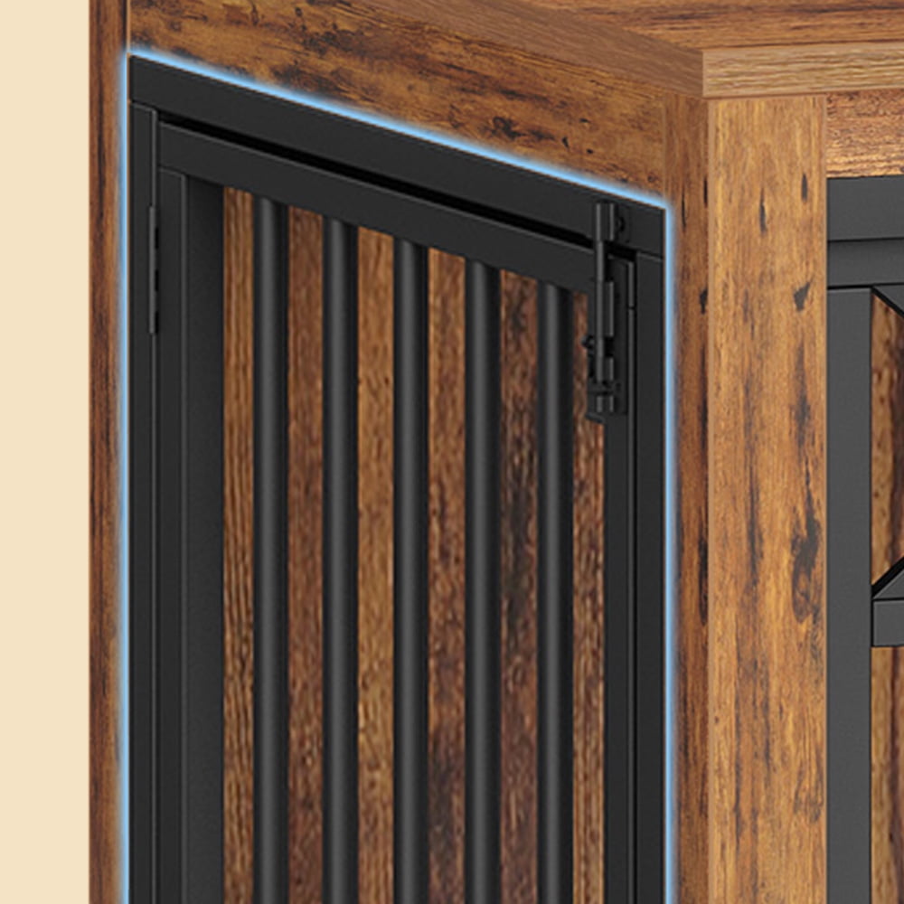 39.4" Large wooden dog crate, Indoor Dog Kennel with Barn Door for Medium/Large Dogs, 3 Doors dog Crate Furniture with Storage, Rustic Brown
