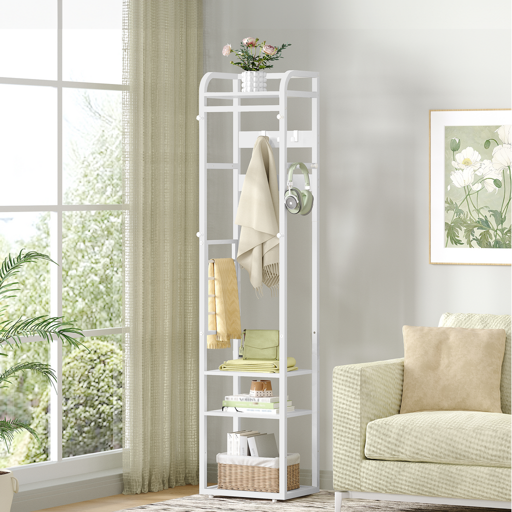 HEXCELEN Coat Rack, Clothes Rack with 4 Shelves and 13 Hooks, Storage Rack with Reversible Shelves, Wardrobe 30 x 40 x 186 cm, for Bedroom, Living Room, Hallway, White 734103W