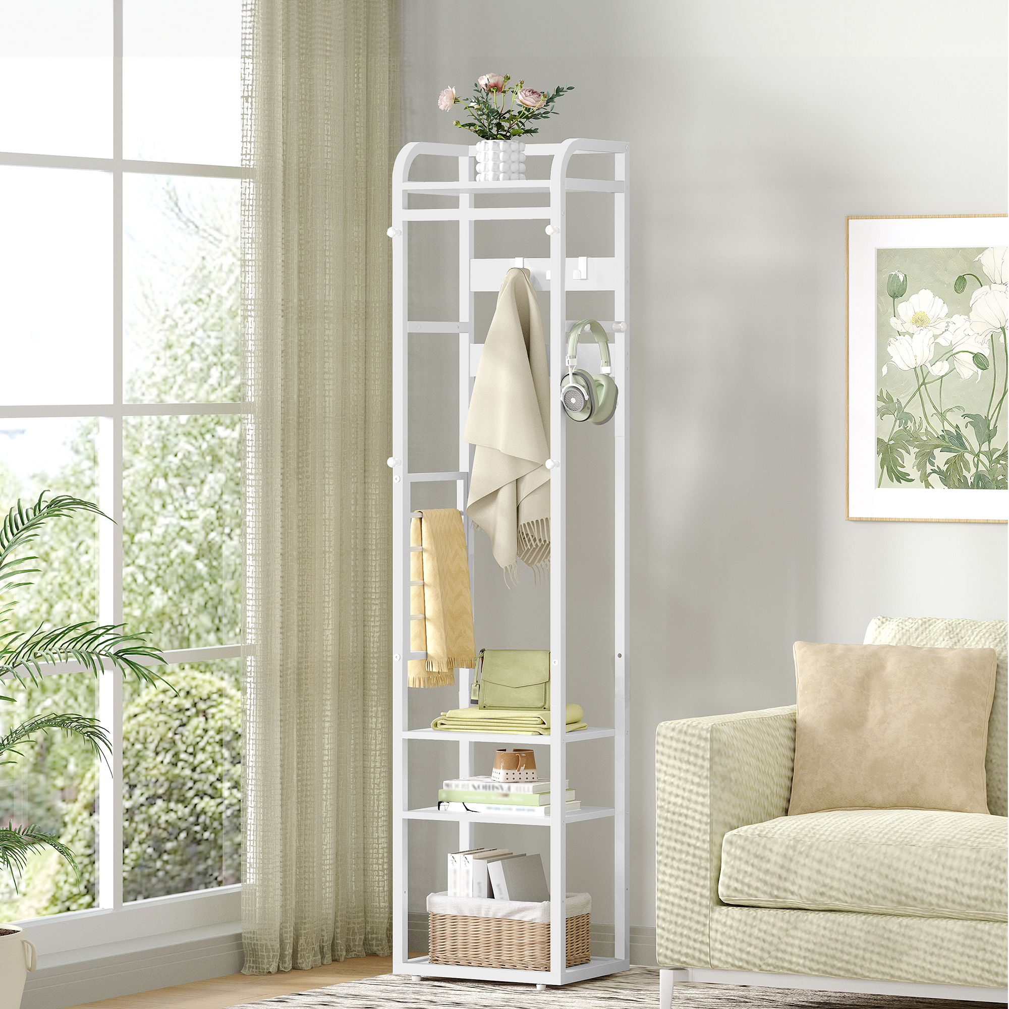 HEXCELEN Coat Rack, Clothes Rack with 4 Shelves and 13 Hooks, Storage Rack with Reversible Shelves, Wardrobe 30 x 40 x 186 cm, for Bedroom, Living Room, Hallway, White 734103W