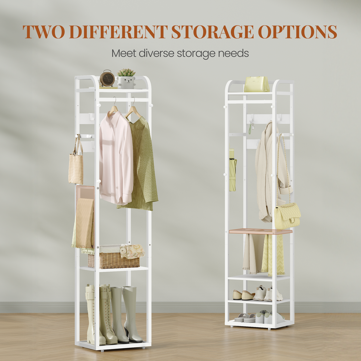 HEXCELEN Coat Rack, Clothes Rack with 4 Shelves and 13 Hooks, Storage Rack with Reversible Shelves, Wardrobe 30 x 40 x 186 cm, for Bedroom, Living Room, Hallway, White 734103W