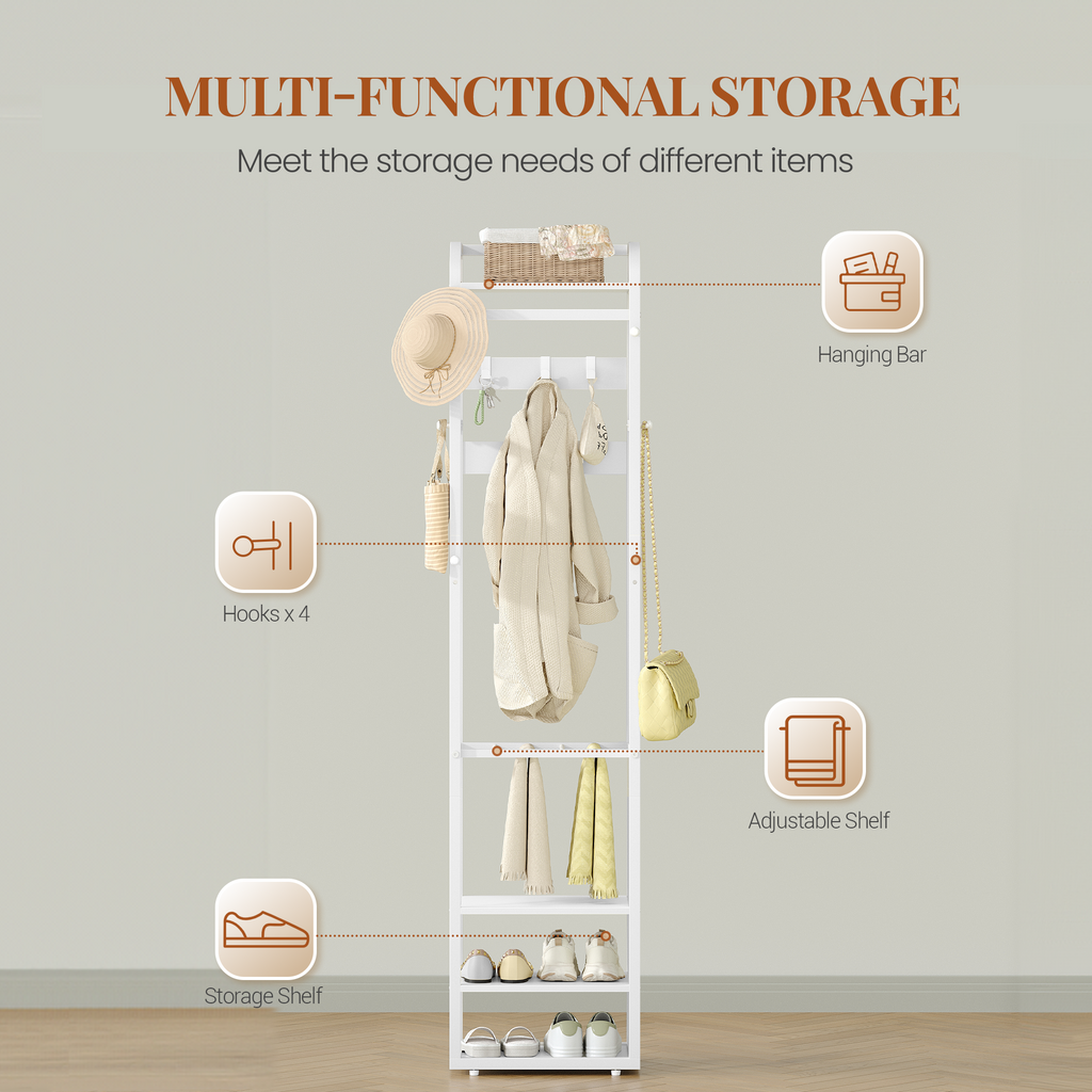 HEXCELEN Coat Rack, Clothes Rack with 4 Shelves and 13 Hooks, Storage Rack with Reversible Shelves, Wardrobe 30 x 40 x 186 cm, for Bedroom, Living Room, Hallway, White 734103W