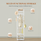 HEXCELEN Coat Rack, Clothes Rack with 4 Shelves and 13 Hooks, Storage Rack with Reversible Shelves, Wardrobe 30 x 40 x 186 cm, for Bedroom, Living Room, Hallway, White 734103W
