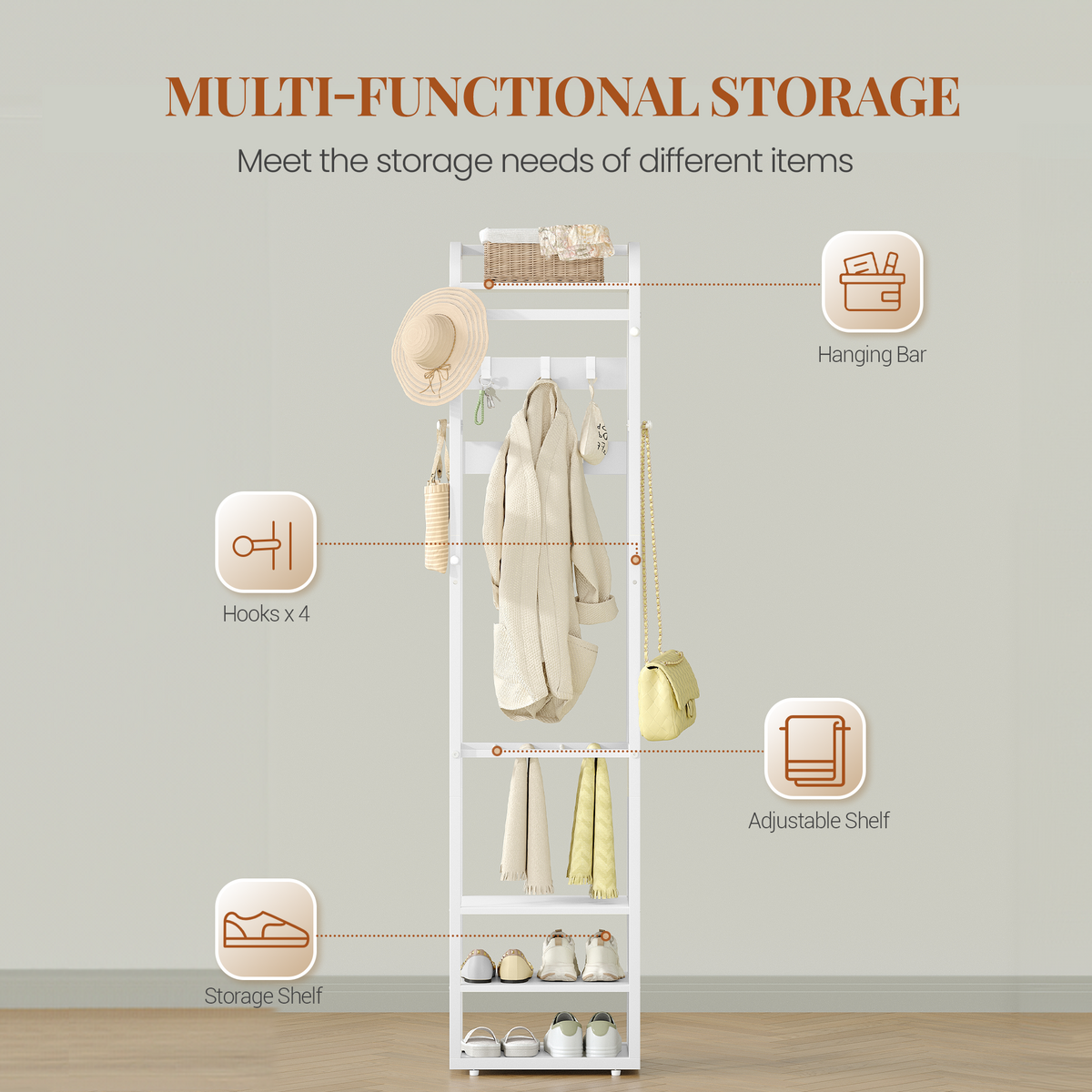 HEXCELEN Coat Rack, Clothes Rack with 4 Shelves and 13 Hooks, Storage Rack with Reversible Shelves, Wardrobe 30 x 40 x 186 cm, for Bedroom, Living Room, Hallway, White 734103W