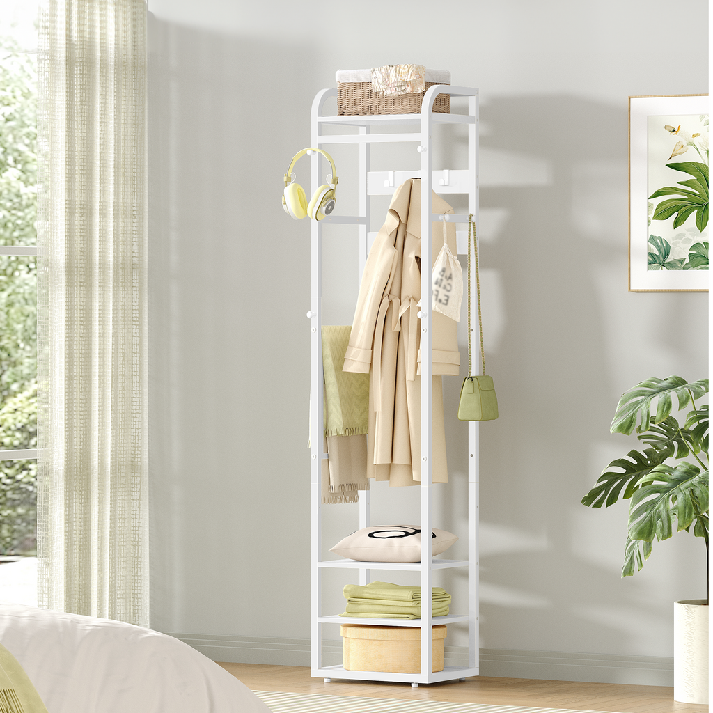 HEXCELEN Coat Rack, Clothes Rack with 4 Shelves and 13 Hooks, Storage Rack with Reversible Shelves, Wardrobe 30 x 40 x 186 cm, for Bedroom, Living Room, Hallway, White 734103W