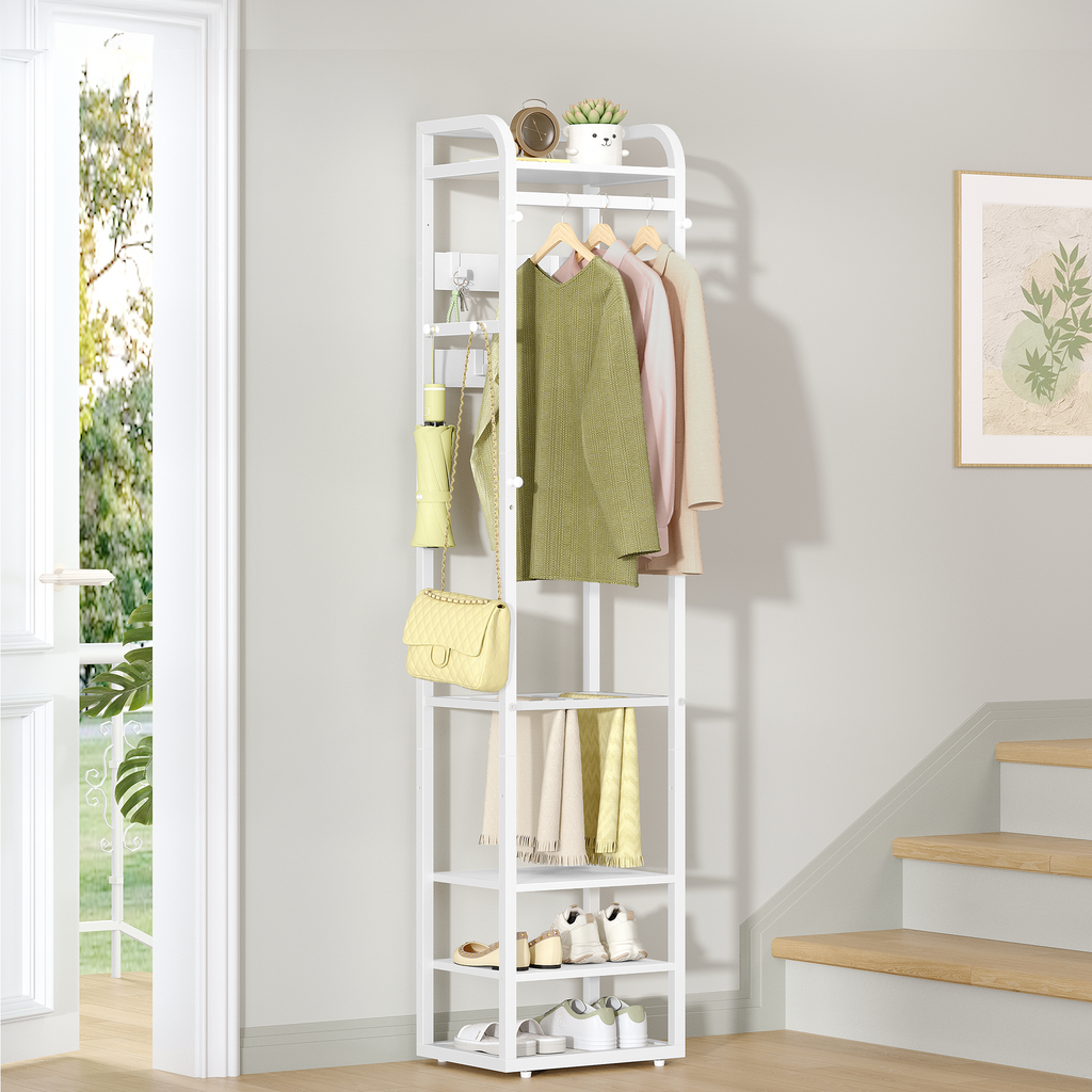 HEXCELEN Coat Rack, Clothes Rack with 4 Shelves and 13 Hooks, Storage Rack with Reversible Shelves, Wardrobe 30 x 40 x 186 cm, for Bedroom, Living Room, Hallway, White 734103W