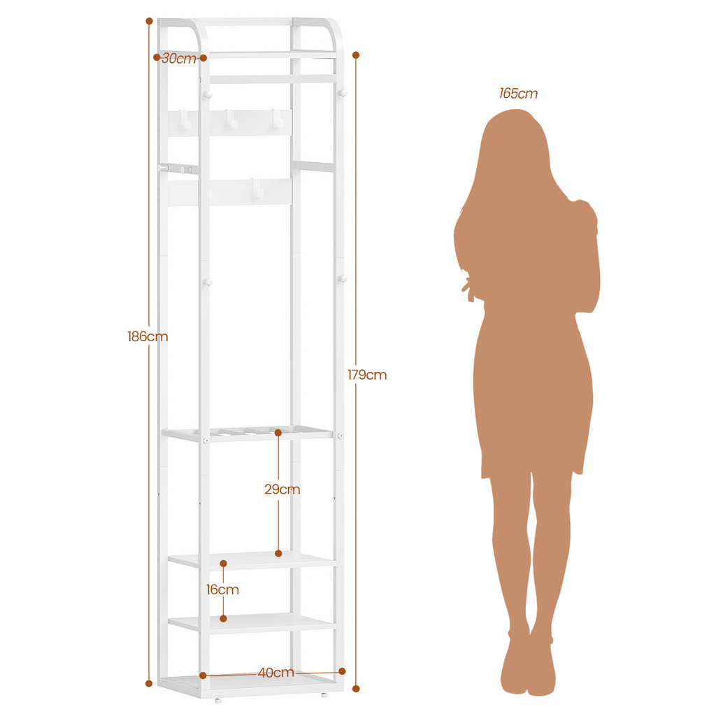 HEXCELEN Coat Rack, Clothes Rack with 4 Shelves and 13 Hooks, Storage Rack with Reversible Shelves, Wardrobe 30 x 40 x 186 cm, for Bedroom, Living Room, Hallway, White 734103W