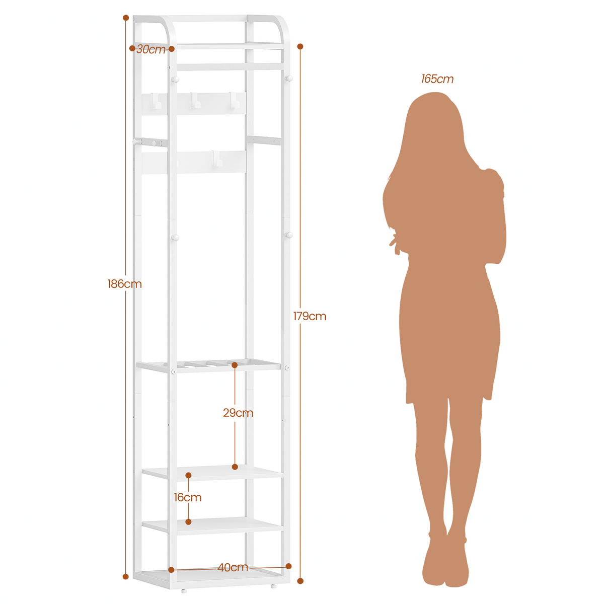 HEXCELEN Coat Rack, Clothes Rack with 4 Shelves and 13 Hooks, Storage Rack with Reversible Shelves, Wardrobe 30 x 40 x 186 cm, for Bedroom, Living Room, Hallway, White 734103W