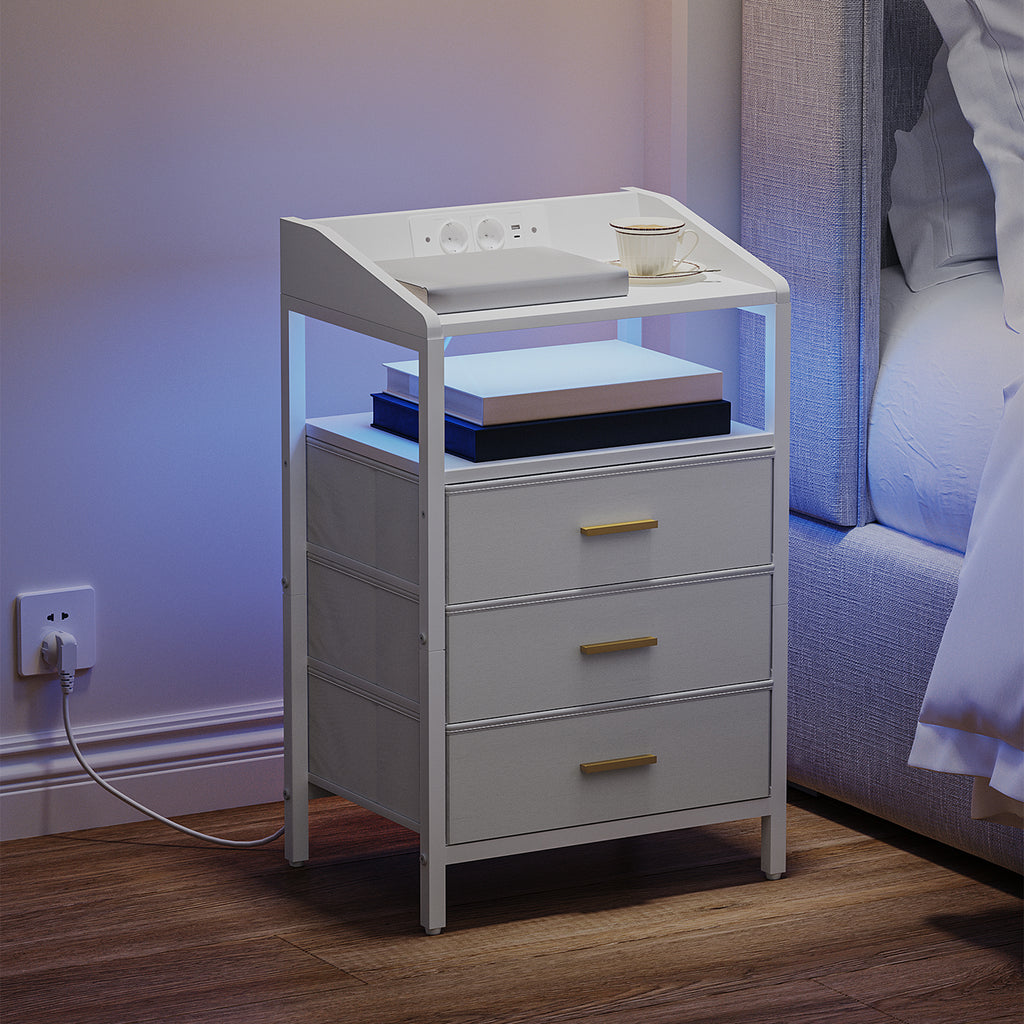 HEXCELEN Bedside Table Set of 2 with LED Lights & Charging Station, 3 Fabric Drawers, USB Ports & Sockets, White