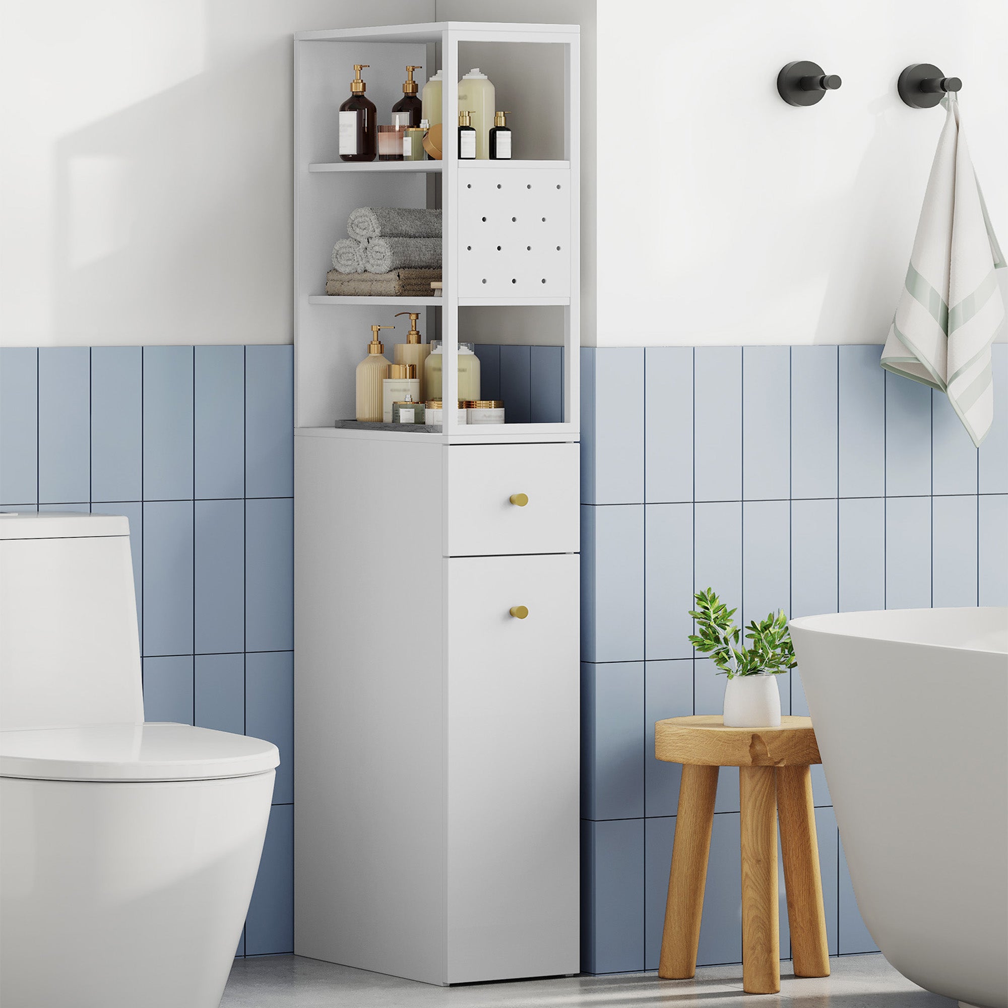 Hzuaneri tall bathroom cabinet, niche cabinet, narrow bathroom cabinet with drawer on casters, 3 open shelf levels, tall cabinet, side cabinet, 40 x 20 x 140 cm, white, BC32003W