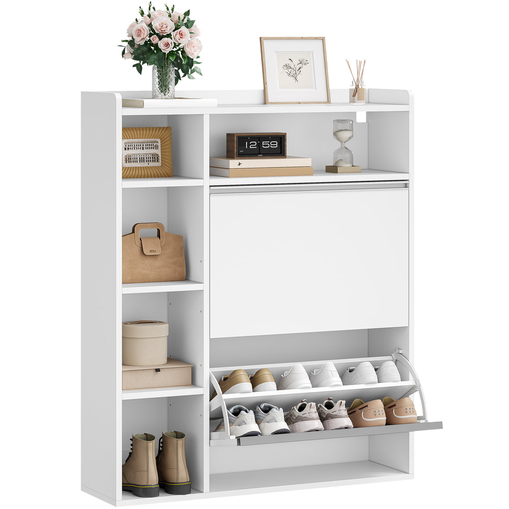HEXCELEN Narrow Shoe Cabinet with 2 Flaps, Shoe Cabinet, Narrow Shoe Cabinet with 5 Open Compartments, Adjustable, Shoe Rack for 8-12 Pairs of Shoes, for Hallway, Entrance, 84.7 x 24 x 102 cm, White,752103X