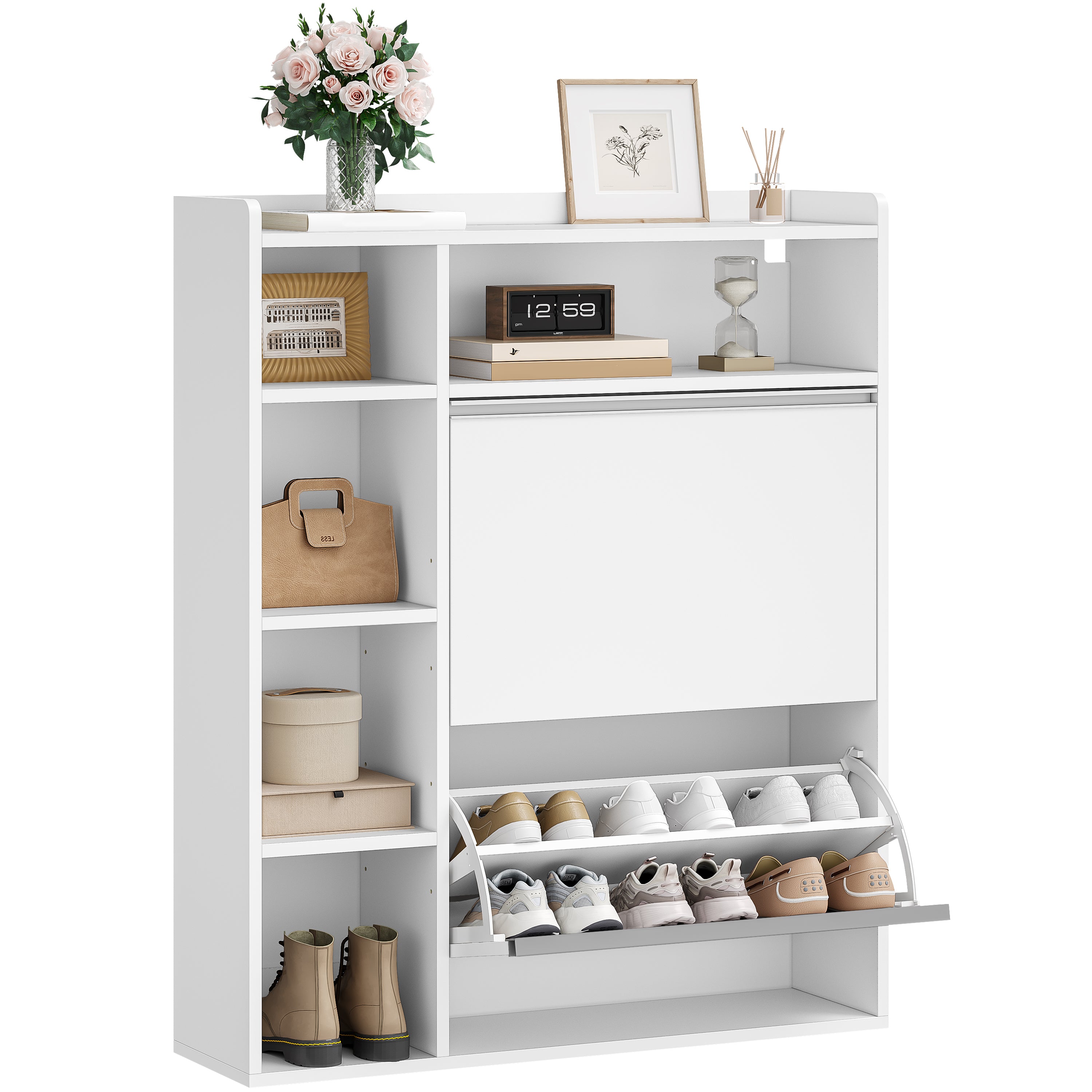 HEXCELEN Narrow Shoe Cabinet with 2 Flaps, Shoe Cabinet, Narrow Shoe Cabinet with 5 Open Compartments, Adjustable, Shoe Rack for 8-12 Pairs of Shoes, for Hallway, Entrance, 84.7 x 24 x 102 cm, White,752103X