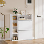 HEXCELEN Narrow Shoe Cabinet with 2 Flaps, Shoe Cabinet, Narrow Shoe Cabinet with 5 Open Compartments, Adjustable, Shoe Rack for 8-12 Pairs of Shoes, for Hallway, Entrance, 84.7 x 24 x 102 cm, White,752103X