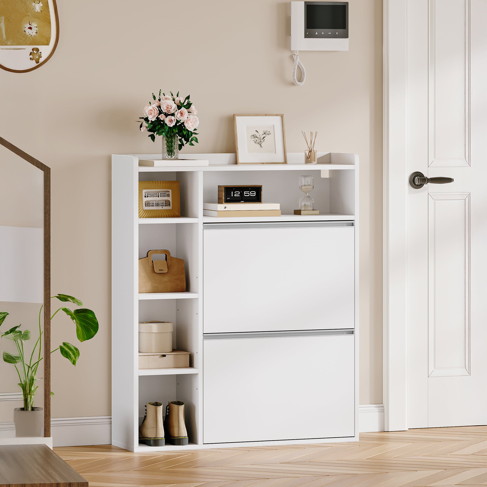 HEXCELEN Narrow Shoe Cabinet with 2 Flaps, Shoe Cabinet, Narrow Shoe Cabinet with 5 Open Compartments, Adjustable, Shoe Rack for 8-12 Pairs of Shoes, for Hallway, Entrance, 84.7 x 24 x 102 cm, White,752103X