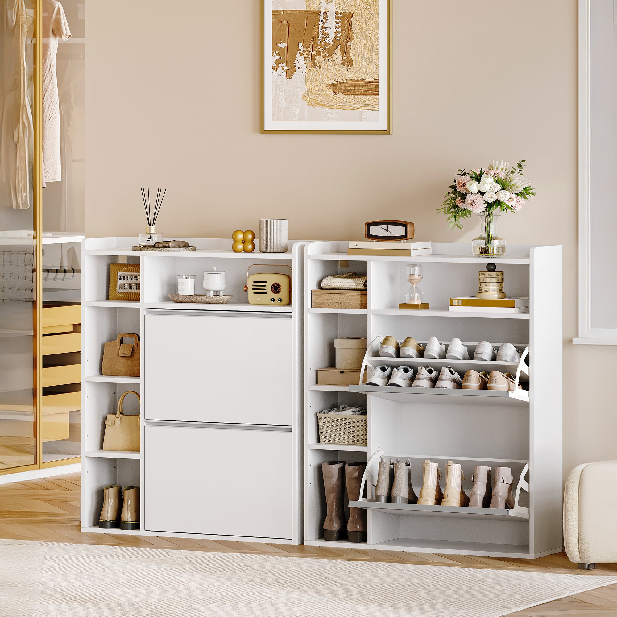 HEXCELEN Narrow Shoe Cabinet with 2 Flaps, Shoe Cabinet, Narrow Shoe Cabinet with 5 Open Compartments, Adjustable, Shoe Rack for 8-12 Pairs of Shoes, for Hallway, Entrance, 84.7 x 24 x 102 cm, White,752103X