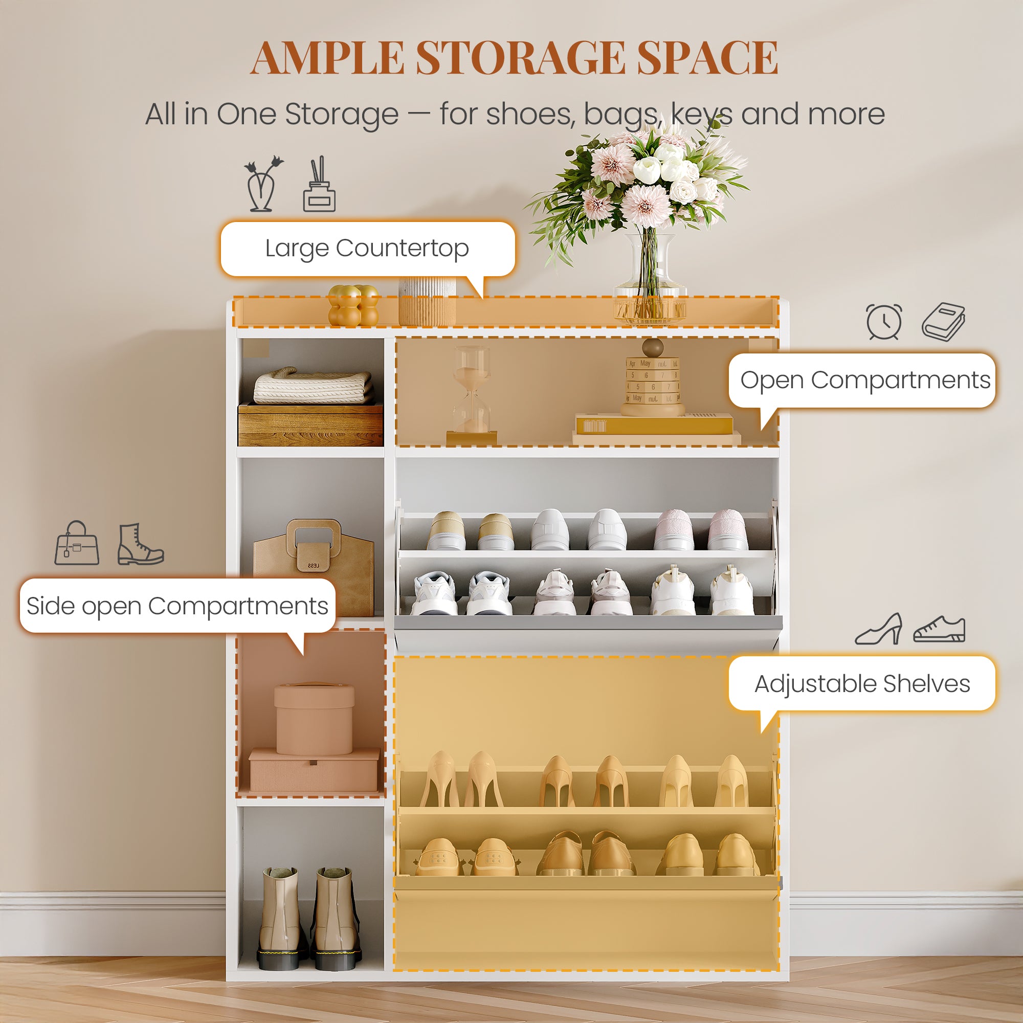 HEXCELEN Narrow Shoe Cabinet with 2 Flaps, Shoe Cabinet, Narrow Shoe Cabinet with 5 Open Compartments, Adjustable, Shoe Rack for 8-12 Pairs of Shoes, for Hallway, Entrance, 84.7 x 24 x 102 cm, White,752103X