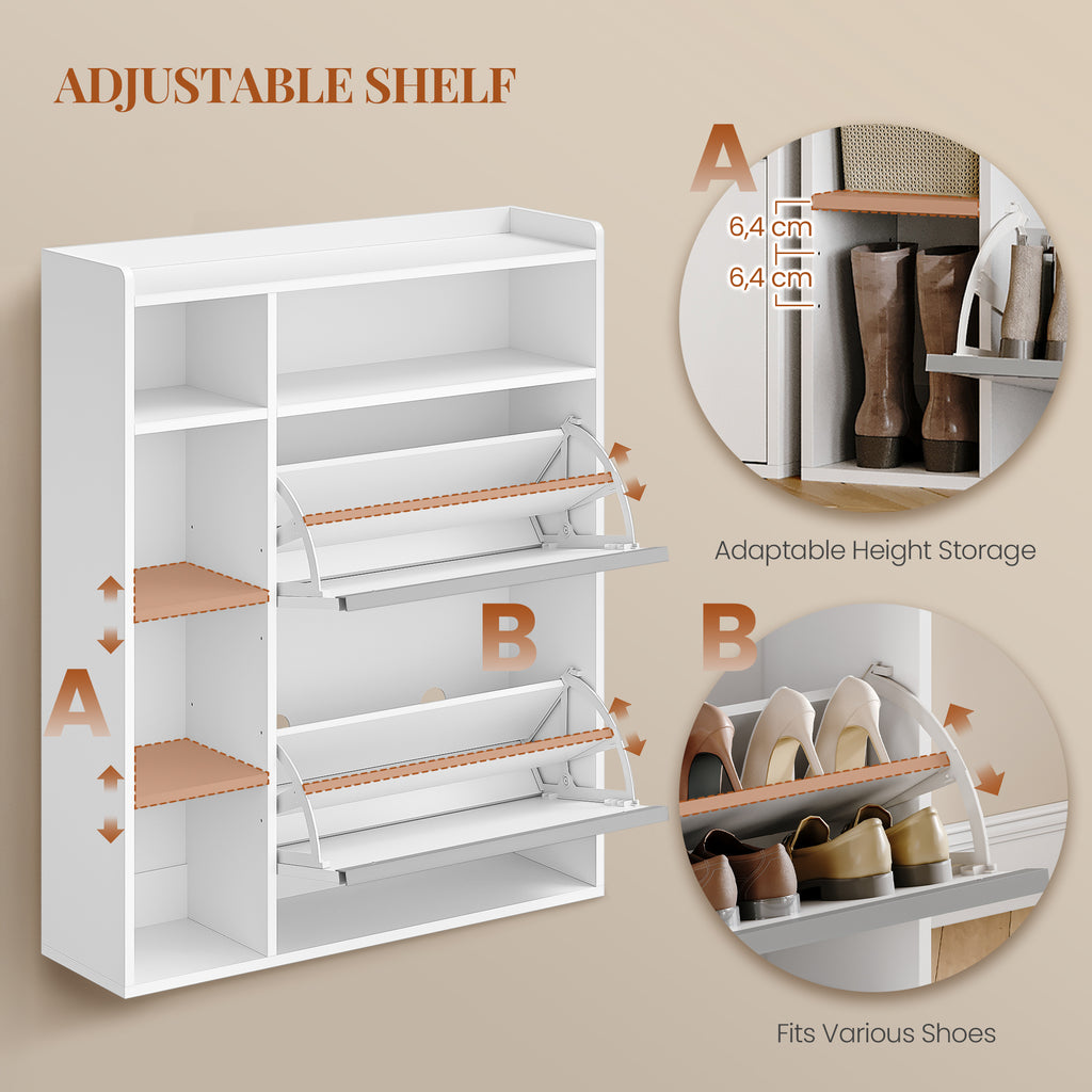 HEXCELEN Narrow Shoe Cabinet with 2 Flaps, Shoe Cabinet, Narrow Shoe Cabinet with 5 Open Compartments, Adjustable, Shoe Rack for 8-12 Pairs of Shoes, for Hallway, Entrance, 84.7 x 24 x 102 cm, White,752103X