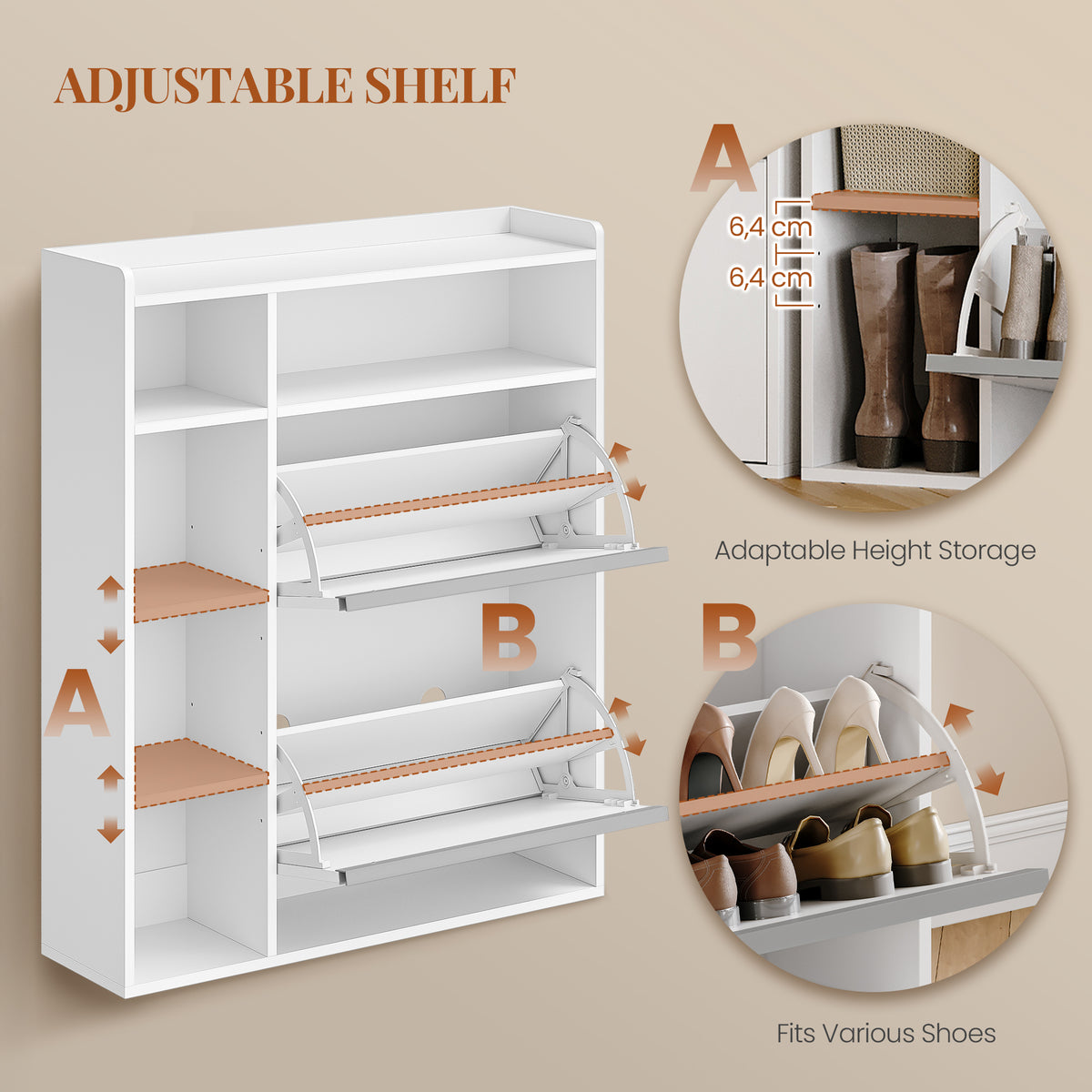 HEXCELEN Narrow Shoe Cabinet with 2 Flaps, Shoe Cabinet, Narrow Shoe Cabinet with 5 Open Compartments, Adjustable, Shoe Rack for 8-12 Pairs of Shoes, for Hallway, Entrance, 84.7 x 24 x 102 cm, White,752103X