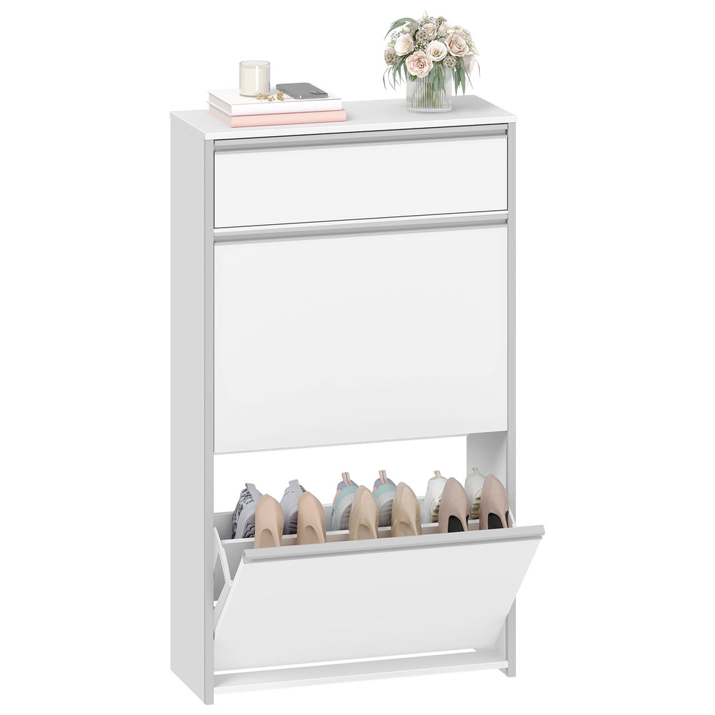 HEXCELEN Narrow Shoe Cabinet with 2 Hinged Doors, Shoe Cabinet, Shoe Rack with Drawer, Narrow Shoe Chest with 4 Shelves, Adjustable, for Hallway, Entrance, 60 x 24 x 104.5 cm, Silver,7601003W