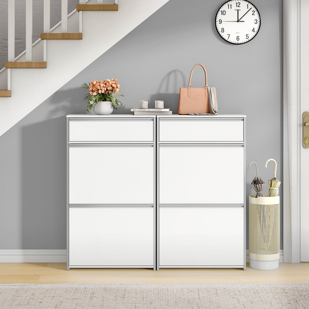 HEXCELEN Narrow Shoe Cabinet with 2 Hinged Doors, Shoe Cabinet, Shoe Rack with Drawer, Narrow Shoe Chest with 4 Shelves, Adjustable, for Hallway, Entrance, 60 x 24 x 104.5 cm, Silver,7601003W