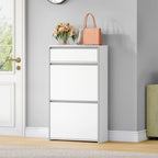 HEXCELEN Narrow Shoe Cabinet with 2 Hinged Doors, Shoe Cabinet, Shoe Rack with Drawer, Narrow Shoe Chest with 4 Shelves, Adjustable, for Hallway, Entrance, 60 x 24 x 104.5 cm, Silver,7601003W