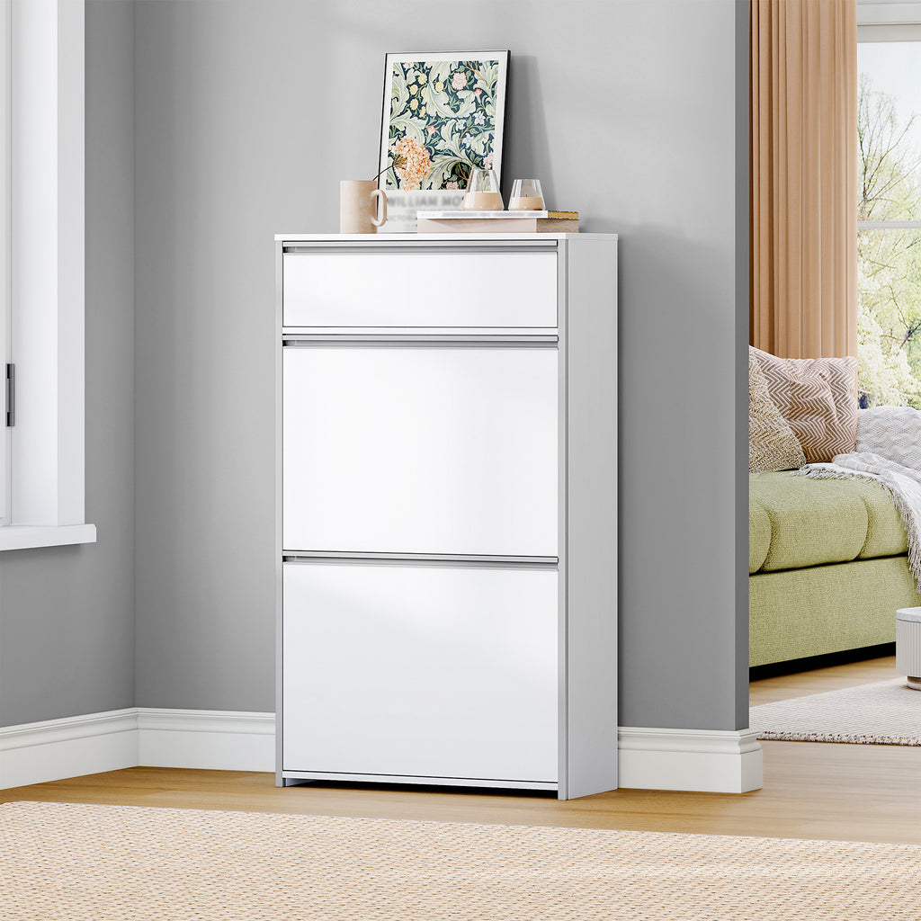 HEXCELEN Narrow Shoe Cabinet with 2 Hinged Doors, Shoe Cabinet, Shoe Rack with Drawer, Narrow Shoe Chest with 4 Shelves, Adjustable, for Hallway, Entrance, 60 x 24 x 104.5 cm, Silver,7601003W