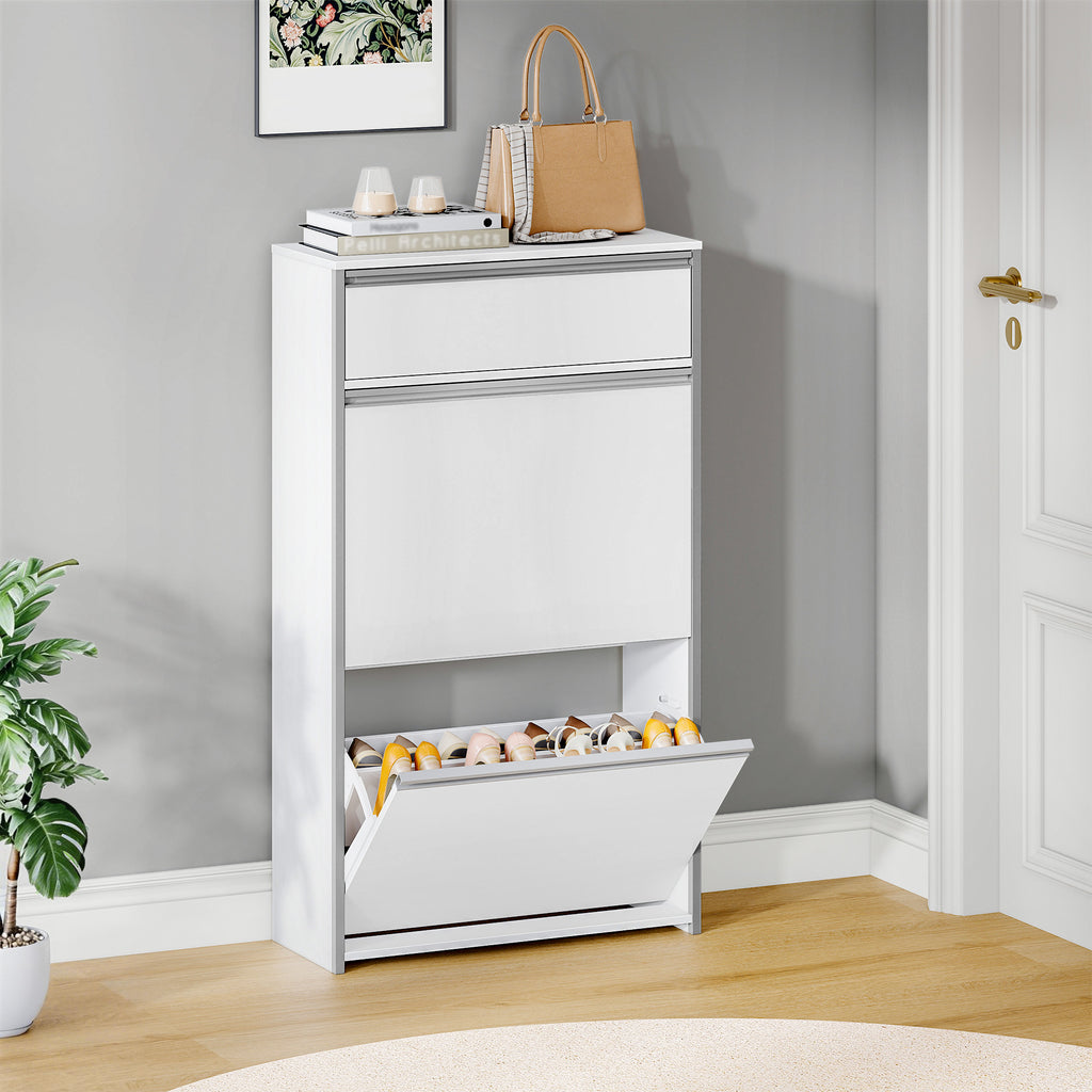 HEXCELEN Narrow Shoe Cabinet with 2 Hinged Doors, Shoe Cabinet, Shoe Rack with Drawer, Narrow Shoe Chest with 4 Shelves, Adjustable, for Hallway, Entrance, 60 x 24 x 104.5 cm, Silver,7601003W