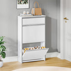 HEXCELEN Narrow Shoe Cabinet with 2 Hinged Doors, Shoe Cabinet, Shoe Rack with Drawer, Narrow Shoe Chest with 4 Shelves, Adjustable, for Hallway, Entrance, 60 x 24 x 104.5 cm, Silver,7601003W