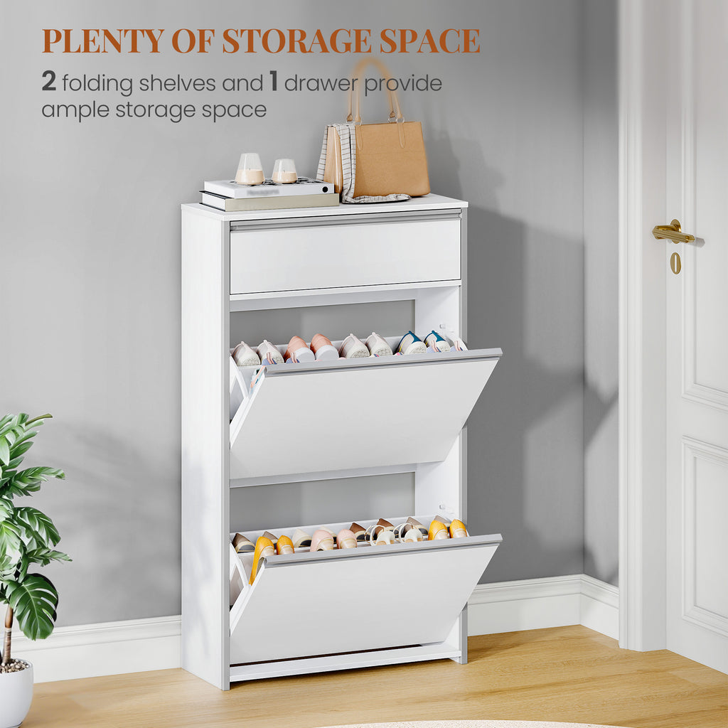 HEXCELEN Narrow Shoe Cabinet with 2 Hinged Doors, Shoe Cabinet, Shoe Rack with Drawer, Narrow Shoe Chest with 4 Shelves, Adjustable, for Hallway, Entrance, 60 x 24 x 104.5 cm, Silver,7601003W