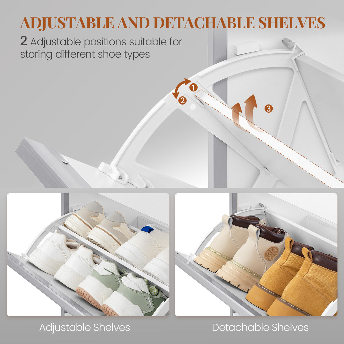HEXCELEN Narrow Shoe Cabinet with 2 Hinged Doors, Shoe Cabinet, Shoe Rack with Drawer, Narrow Shoe Chest with 4 Shelves, Adjustable, for Hallway, Entrance, 60 x 24 x 104.5 cm, Silver,7601003W