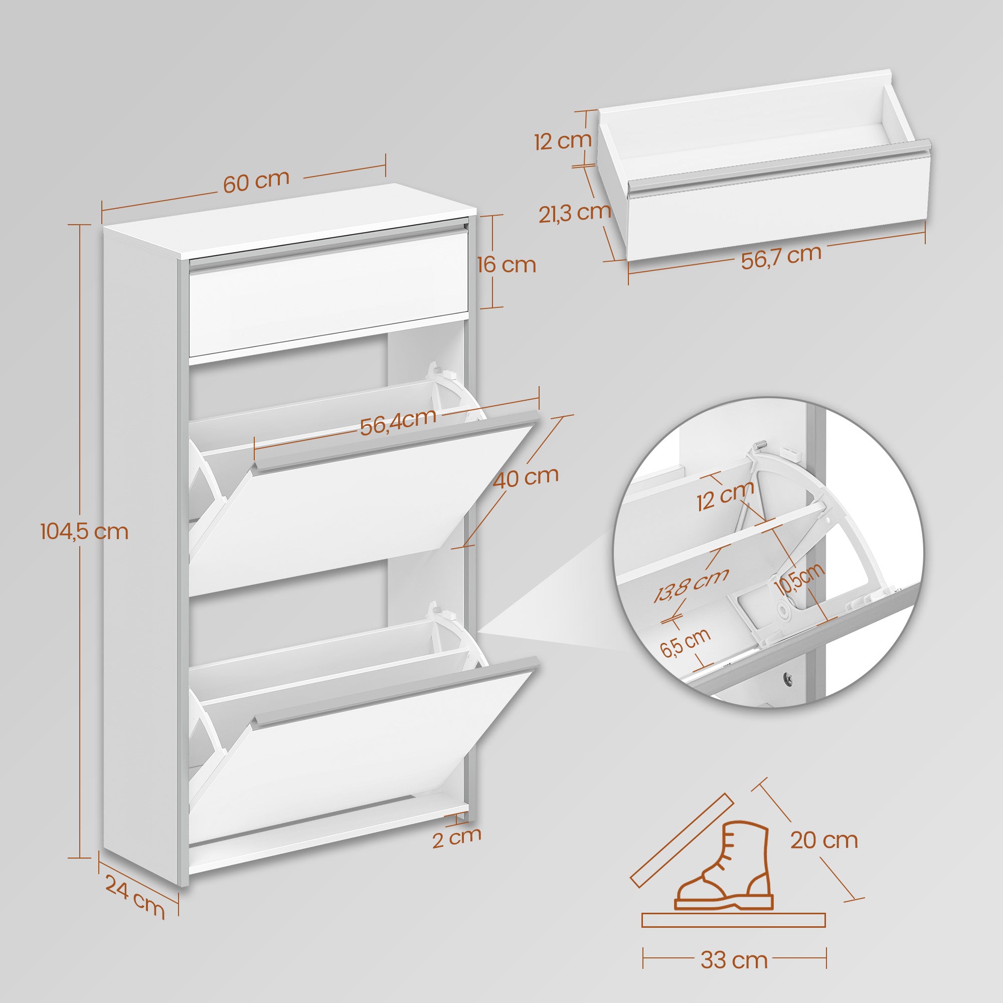 HEXCELEN Narrow Shoe Cabinet with 2 Hinged Doors, Shoe Cabinet, Shoe Rack with Drawer, Narrow Shoe Chest with 4 Shelves, Adjustable, for Hallway, Entrance, 60 x 24 x 104.5 cm, Silver,7601003W