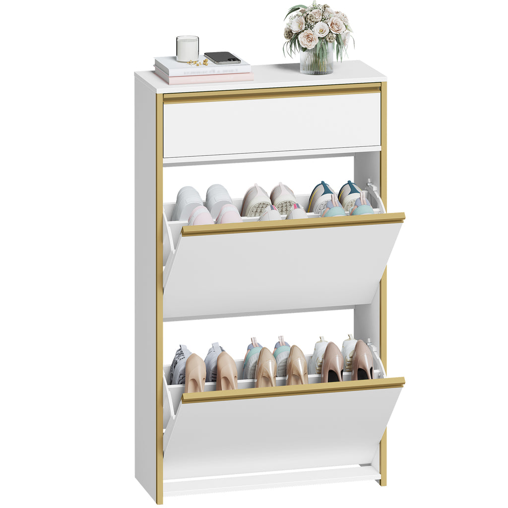 HEXCELEN Narrow Shoe Cabinet with 2 Hinged Doors, Shoe Cabinet, Shoe Rack with Drawer, Narrow Shoe Chest with 4 Shelves, Adjustable, for Hallway, Entrance, 60 x 24 x 104.5 cm, White Gold,760103G