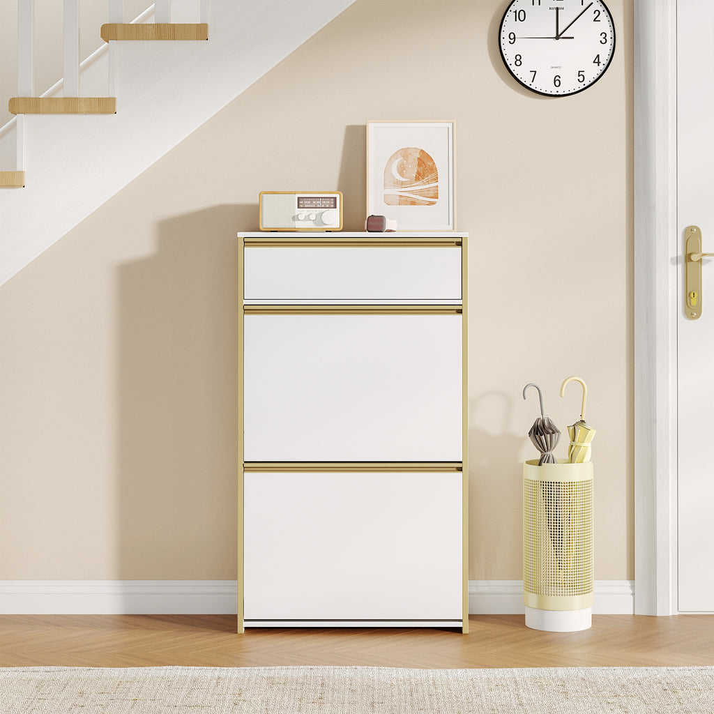 HEXCELEN Narrow Shoe Cabinet with 2 Hinged Doors, Shoe Cabinet, Shoe Rack with Drawer, Narrow Shoe Chest with 4 Shelves, Adjustable, for Hallway, Entrance, 60 x 24 x 104.5 cm, White Gold,760103G