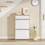 HEXCELEN Narrow Shoe Cabinet with 2 Hinged Doors, Shoe Cabinet, Shoe Rack with Drawer, Narrow Shoe Chest with 4 Shelves, Adjustable, for Hallway, Entrance, 60 x 24 x 104.5 cm, White Gold,760103G