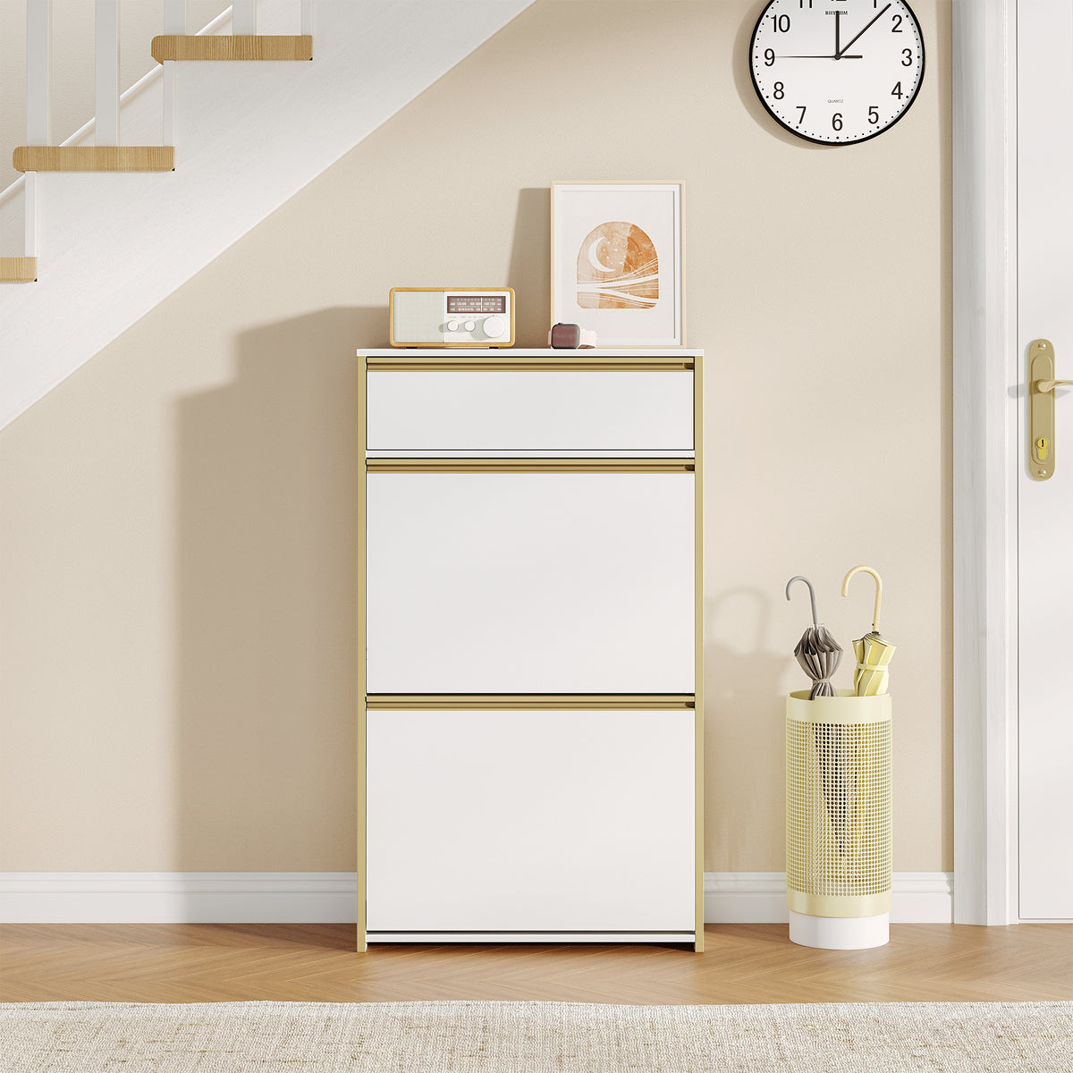 HEXCELEN Narrow Shoe Cabinet with 2 Hinged Doors, Shoe Cabinet, Shoe Rack with Drawer, Narrow Shoe Chest with 4 Shelves, Adjustable, for Hallway, Entrance, 60 x 24 x 104.5 cm, White Gold,760103G