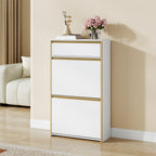 HEXCELEN Narrow Shoe Cabinet with 2 Hinged Doors, Shoe Cabinet, Shoe Rack with Drawer, Narrow Shoe Chest with 4 Shelves, Adjustable, for Hallway, Entrance, 60 x 24 x 104.5 cm, White Gold,760103G