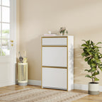 HEXCELEN Narrow Shoe Cabinet with 2 Hinged Doors, Shoe Cabinet, Shoe Rack with Drawer, Narrow Shoe Chest with 4 Shelves, Adjustable, for Hallway, Entrance, 60 x 24 x 104.5 cm, White Gold,760103G