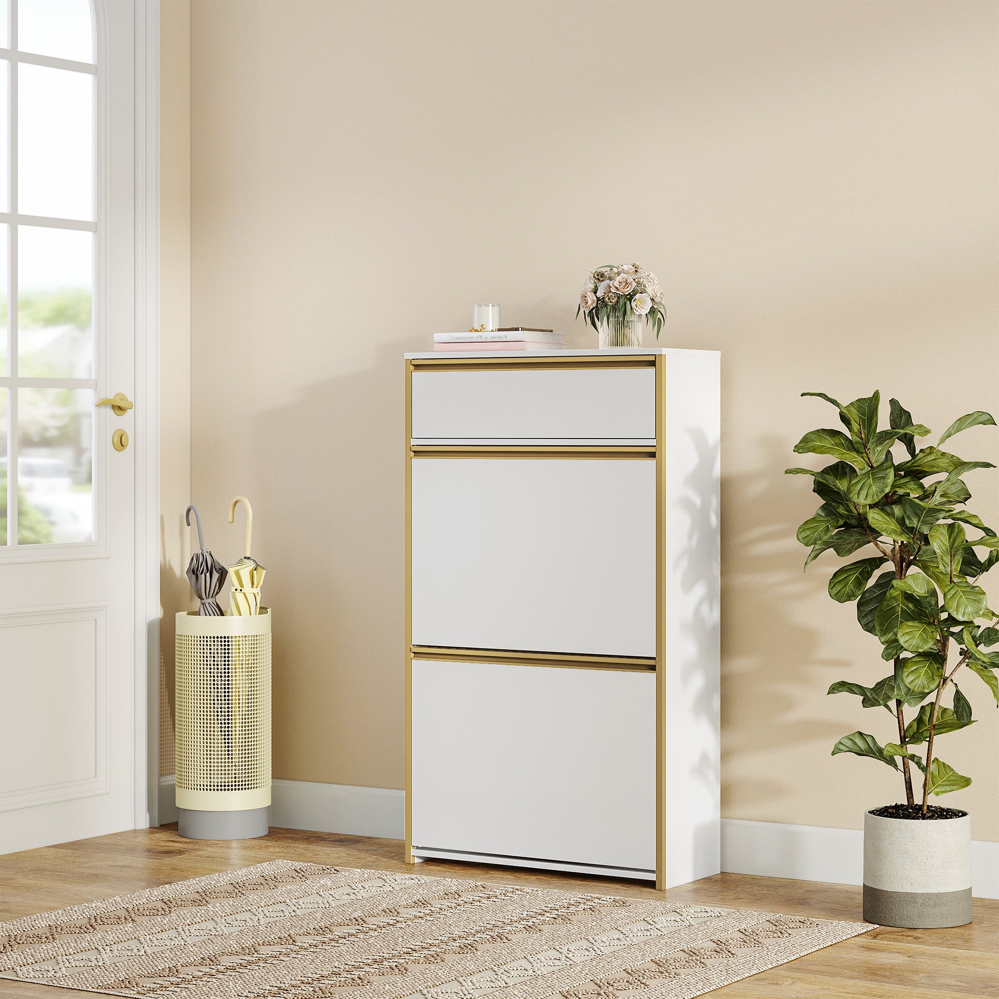 HEXCELEN Narrow Shoe Cabinet with 2 Hinged Doors, Shoe Cabinet, Shoe Rack with Drawer, Narrow Shoe Chest with 4 Shelves, Adjustable, for Hallway, Entrance, 60 x 24 x 104.5 cm, White Gold,760103G