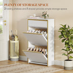 HEXCELEN Narrow Shoe Cabinet with 2 Hinged Doors, Shoe Cabinet, Shoe Rack with Drawer, Narrow Shoe Chest with 4 Shelves, Adjustable, for Hallway, Entrance, 60 x 24 x 104.5 cm, White Gold,760103G