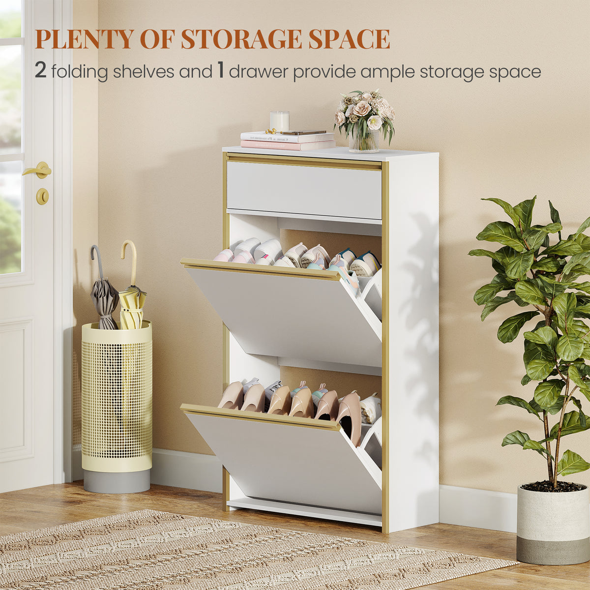 HEXCELEN Narrow Shoe Cabinet with 2 Hinged Doors, Shoe Cabinet, Shoe Rack with Drawer, Narrow Shoe Chest with 4 Shelves, Adjustable, for Hallway, Entrance, 60 x 24 x 104.5 cm, White Gold,760103G