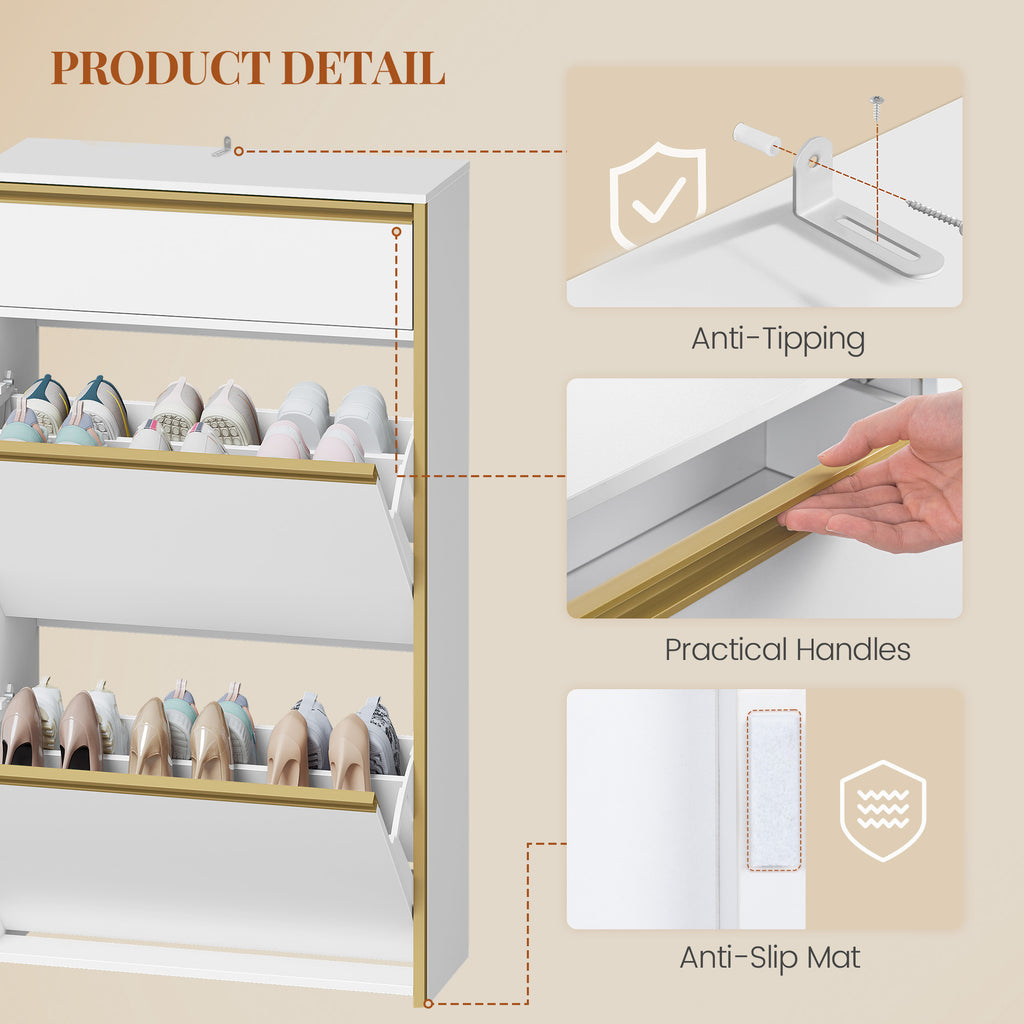 HEXCELEN Narrow Shoe Cabinet with 2 Hinged Doors, Shoe Cabinet, Shoe Rack with Drawer, Narrow Shoe Chest with 4 Shelves, Adjustable, for Hallway, Entrance, 60 x 24 x 104.5 cm, White Gold,760103G