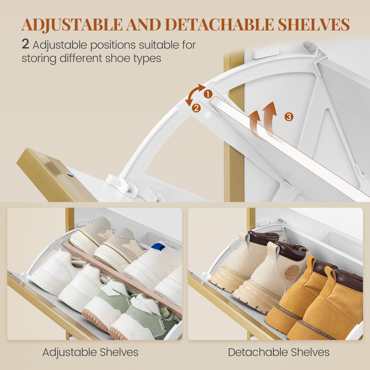 HEXCELEN Narrow Shoe Cabinet with 2 Hinged Doors, Shoe Cabinet, Shoe Rack with Drawer, Narrow Shoe Chest with 4 Shelves, Adjustable, for Hallway, Entrance, 60 x 24 x 104.5 cm, White Gold,760103G