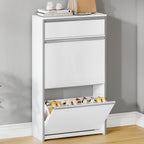 HEXCELEN Narrow Shoe Cabinet with 2 Hinged Doors, Shoe Cabinet, Shoe Rack with Drawer, Narrow Shoe Chest with 4 Shelves, Adjustable, for Hallway, Entrance, 60 x 24 x 104.5 cm, Silver,7601003W