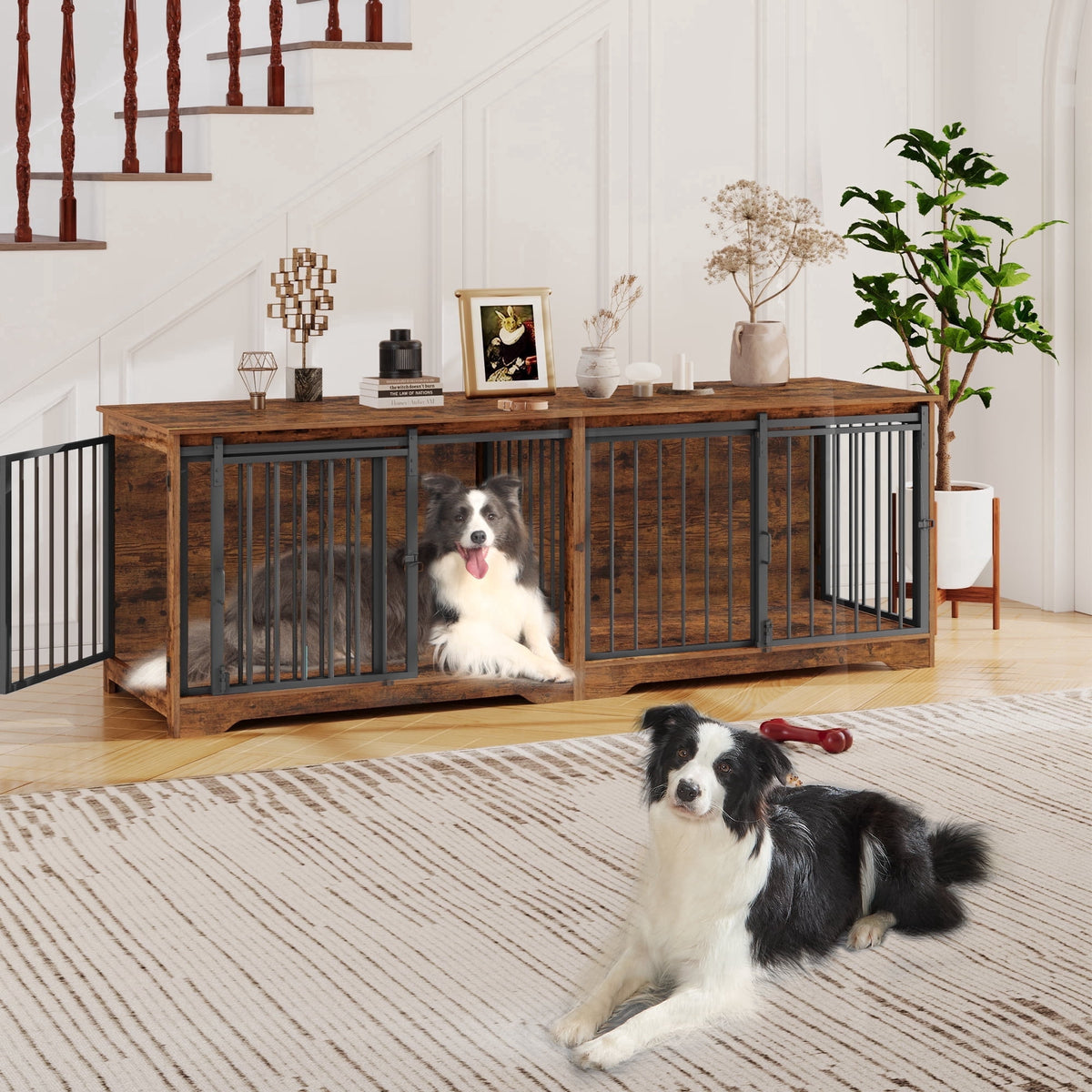 Hzuaneri 78" Large Double Dog Crate Furniture, Indoor Dog Kennel Furniture for 2 Dogs with Divider, Dual Sliding Barn Doors, Heavy Duty Dog Cage Furniture as TV Stand