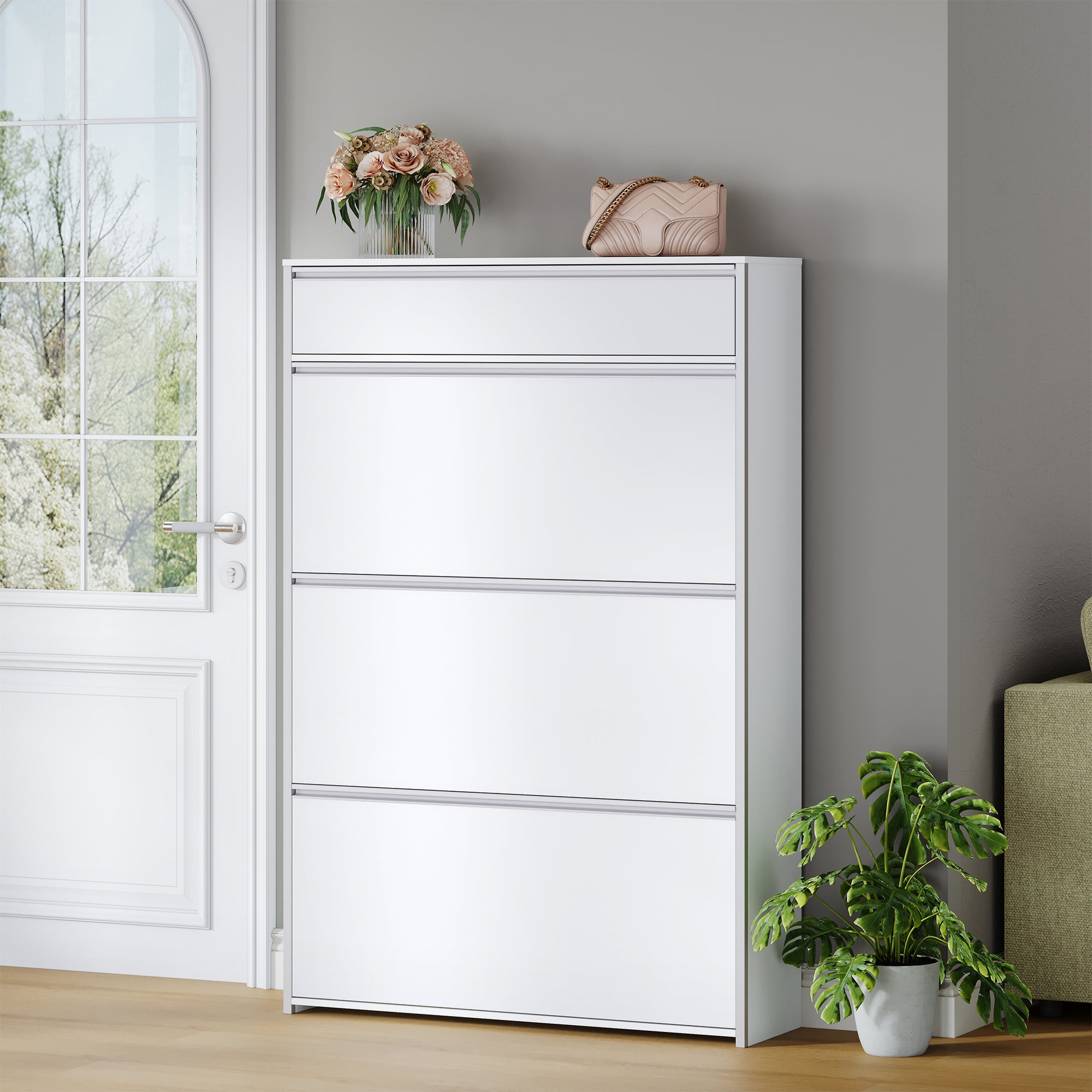 HEXCELEN Narrow Shoe Cabinet with 3 Hinged Doors, Shoe Cabinet, Shoe Rack with Drawer, Narrow Shoe Chest with 6 Shelves, Adjustable, for Hallway, Entrance, 80 x 24 x 137.5 cm,White-Silver780103W