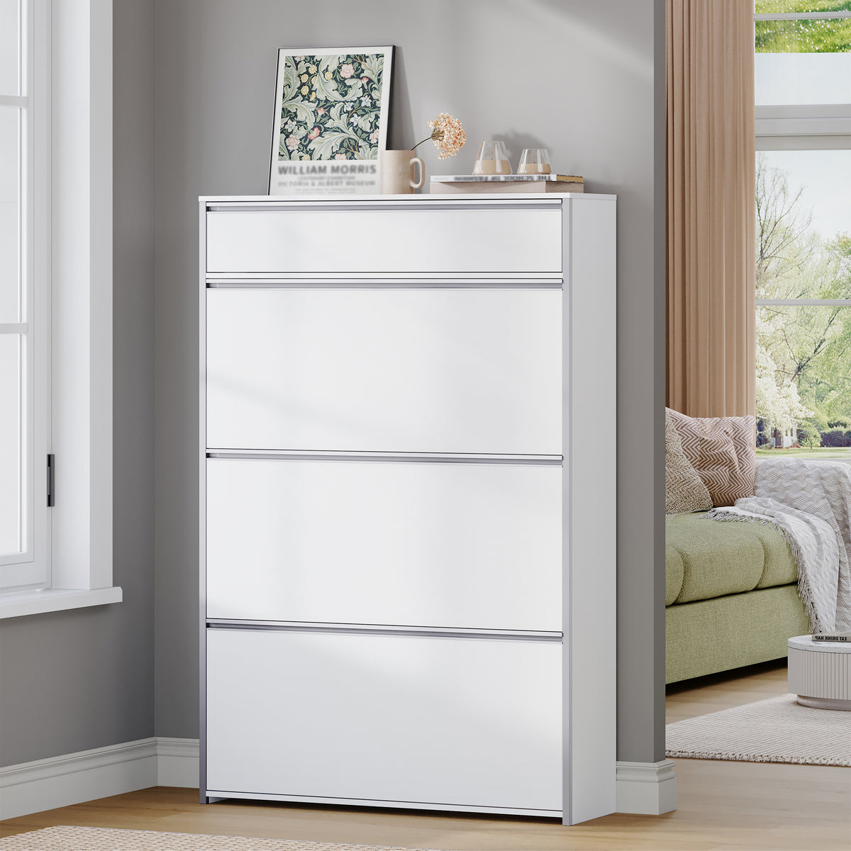 HEXCELEN Narrow Shoe Cabinet with 3 Hinged Doors, Shoe Cabinet, Shoe Rack with Drawer, Narrow Shoe Chest with 6 Shelves, Adjustable, for Hallway, Entrance, 80 x 24 x 137.5 cm,White-Silver780103W